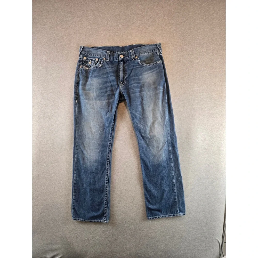 True Religion Straight Jeans Mens 40 Blue Medium Wash Horseshoe Flap Pocket